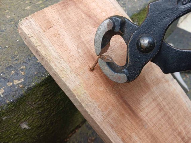 Using carpenters' pincers to snip off the bent part of a nail.