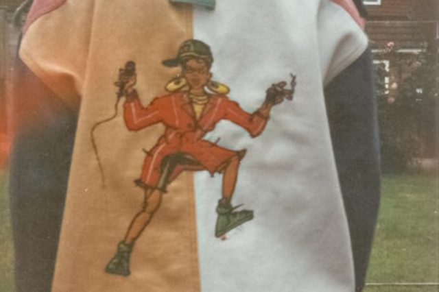 Hand embroidered harlequin denim jacket.