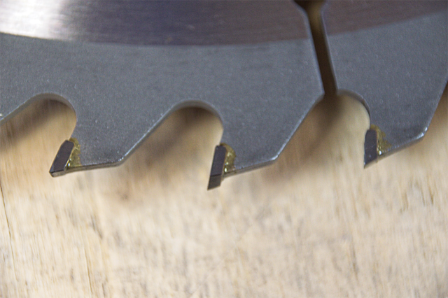 A close-up of Positive Hook/Rake teeth on Circular Saw Blades
