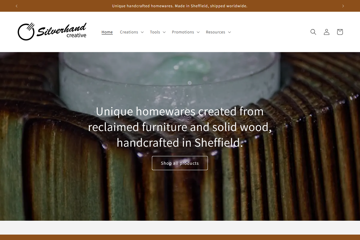 Silverhand Store Main Image. A screen shot of the home page at silverhandstore.com