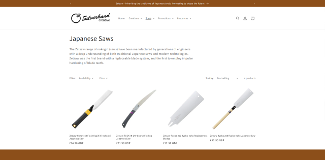 A screen shot of the Silverhand Store webpage showing a select range of Zetsaw Japanese Saws (nokogiri).