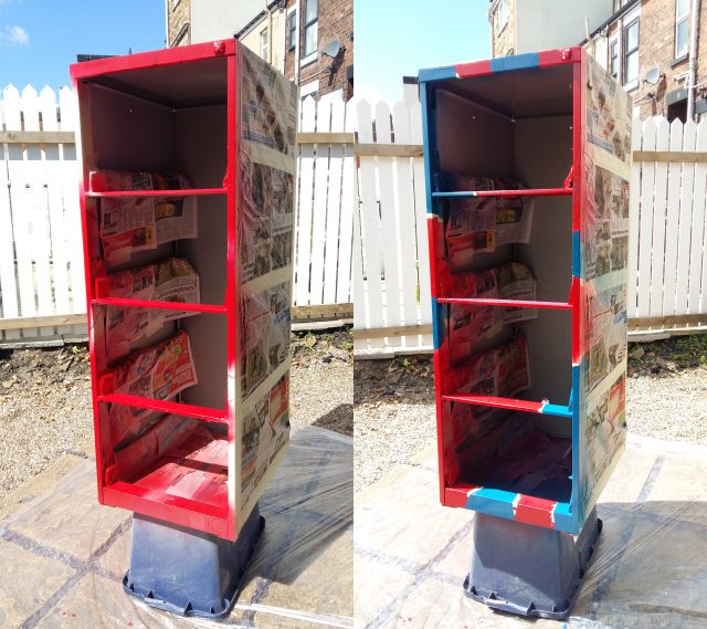 A split image showing the same filing cabinet frame, with red and blue spray paint.