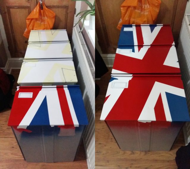 A split image showing filing cabinet drawers painted in the UK Union Flag colours.