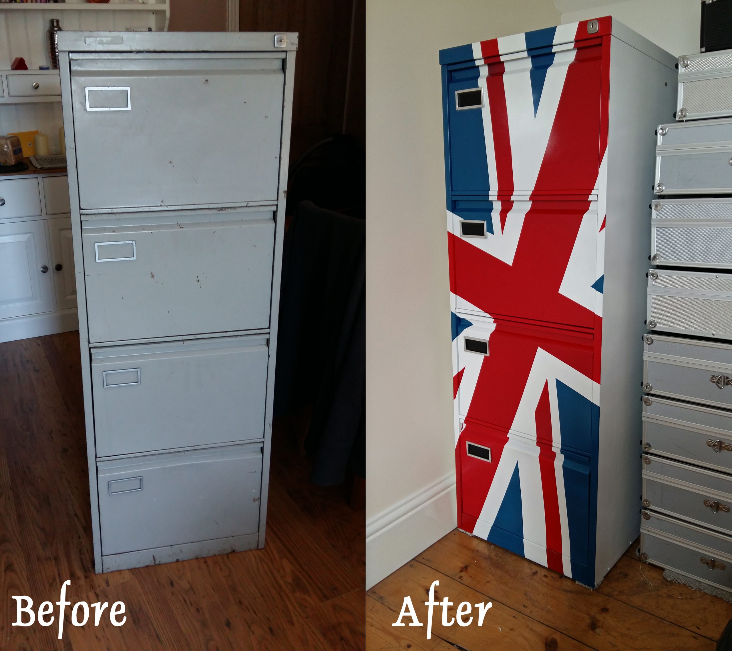 A before and after image, turning a grey four-drawer filing cabinet into a Union Flag Filing Cabinet.