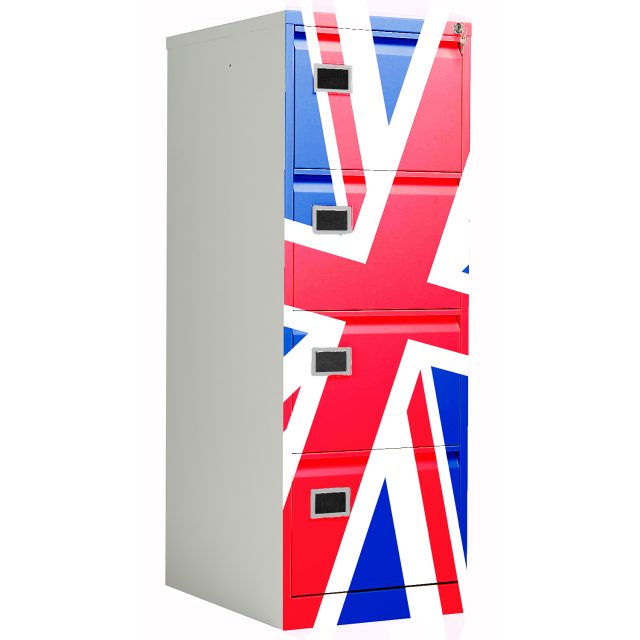 A Photoshop mock-up image showing a four-drawer filing cabinet, with the UK Union Flag on the front.