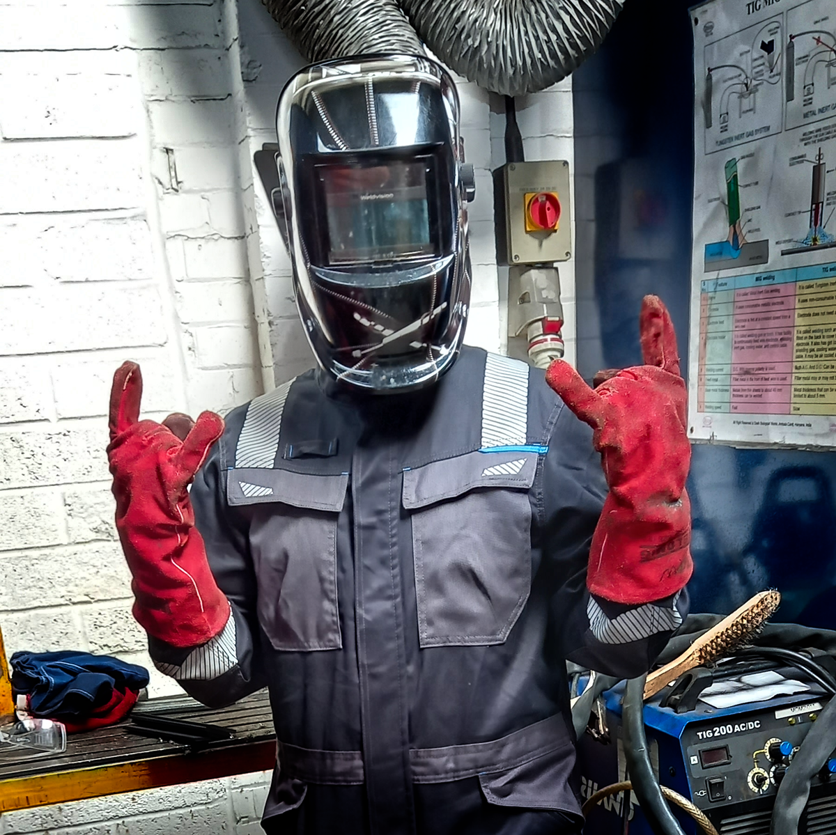 Image of person wearing flame resistant overalls, a welding helmet and welding gloves.