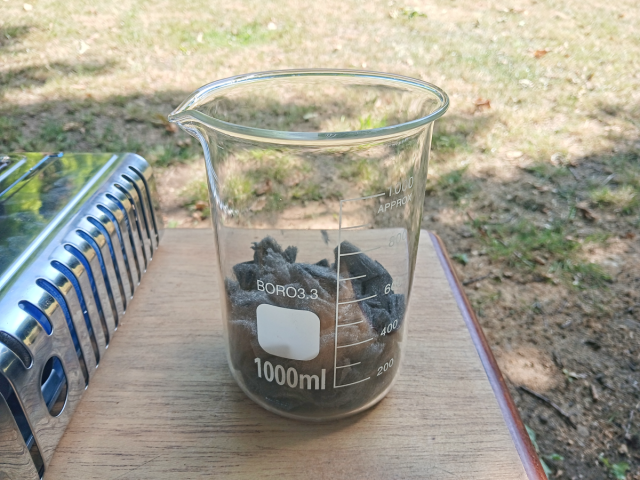 Image shows a 1 litre borosilicate 3.3 beaker, with steel wool in the bottom.