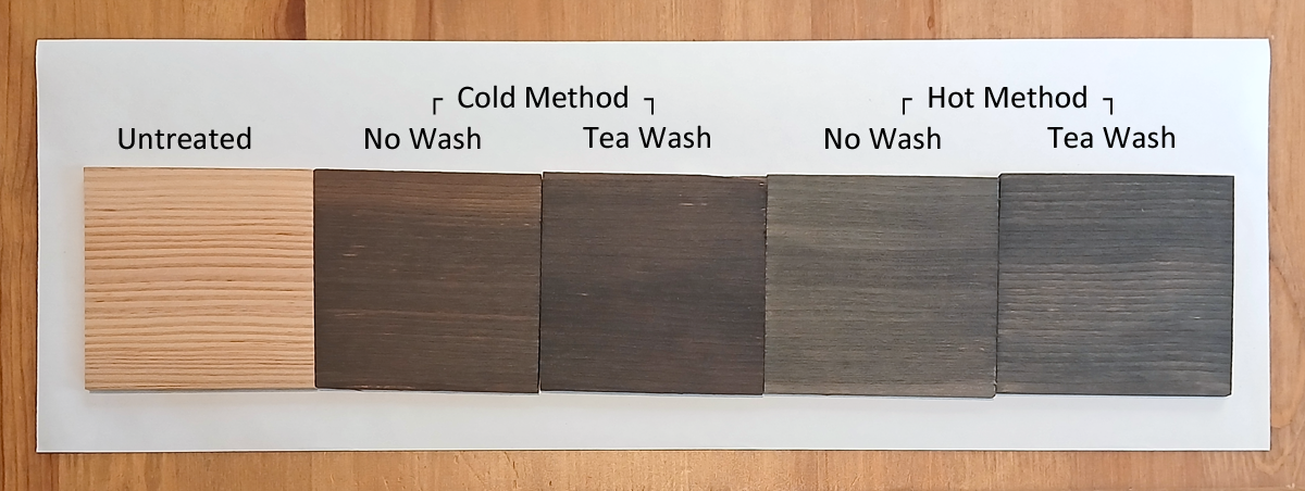 Image shows five square pieces of Ash wood, each showing the differences between the two methods of Oak Burnish and tea washes.