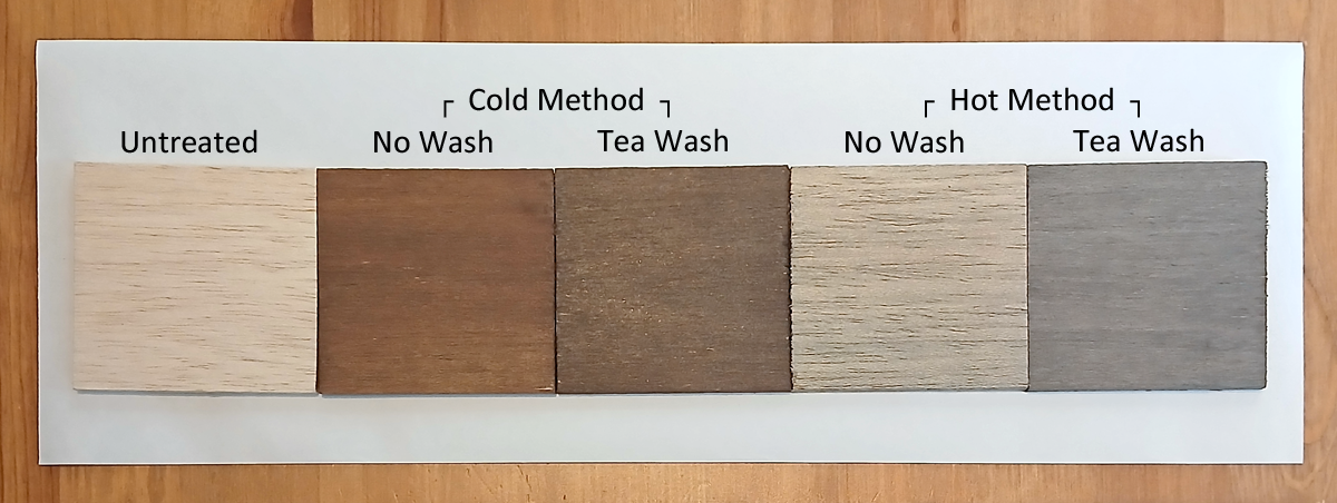 Image shows five square pieces of Balsa wood, each showing the differences between the two methods of Oak Burnish and tea washes.