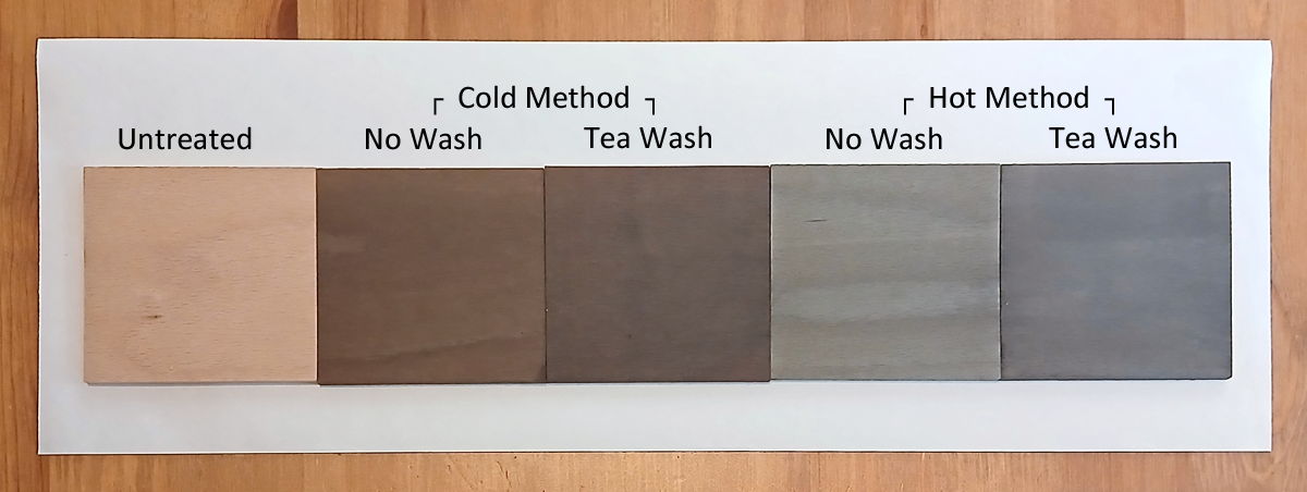 Image shows five square pieces of Beech wood, each showing the differences between the two methods of Oak Burnish and tea washes.