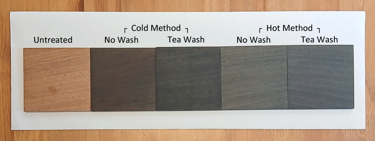 Image shows five square pieces of Mahogany wood, each showing the differences between the two methods of Oak Burnish and tea washes.