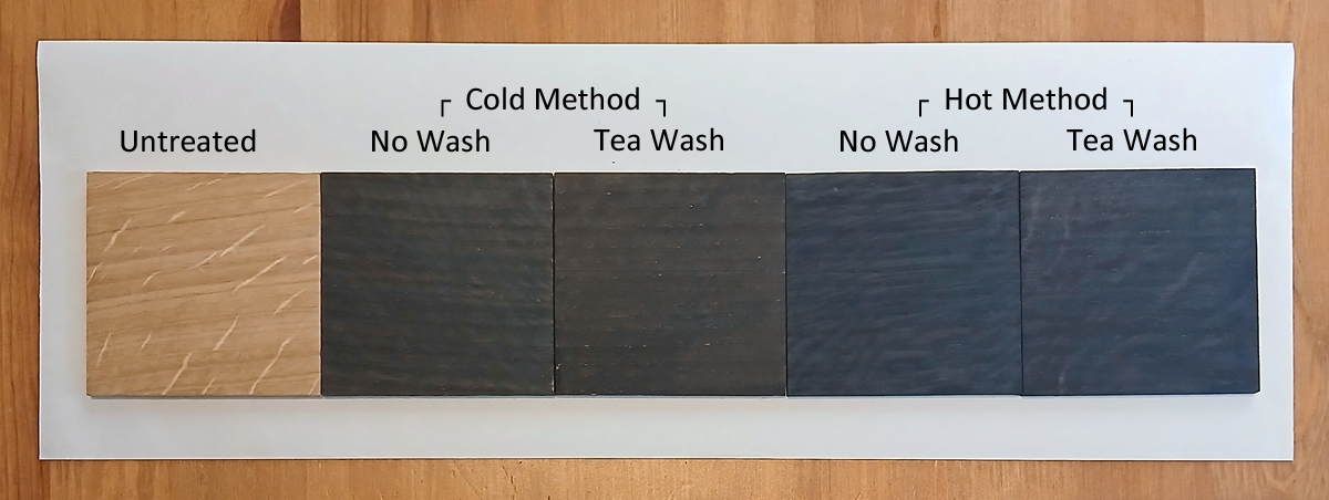 Image shows five square pieces of Oak wood, each showing the differences between the two methods of Oak Burnish and tea washes.