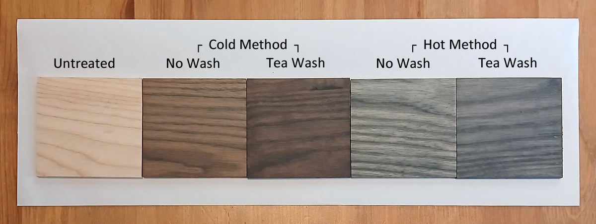 Image shows five square pieces of Spruce Pine wood, each showing the differences between the two methods of Oak Burnish and tea washes.