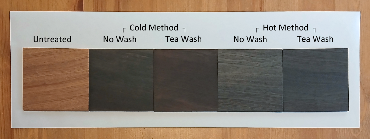 Image shows five square pieces of Walnut wood, each showing the differences between the two methods of Oak Burnish and tea washes.